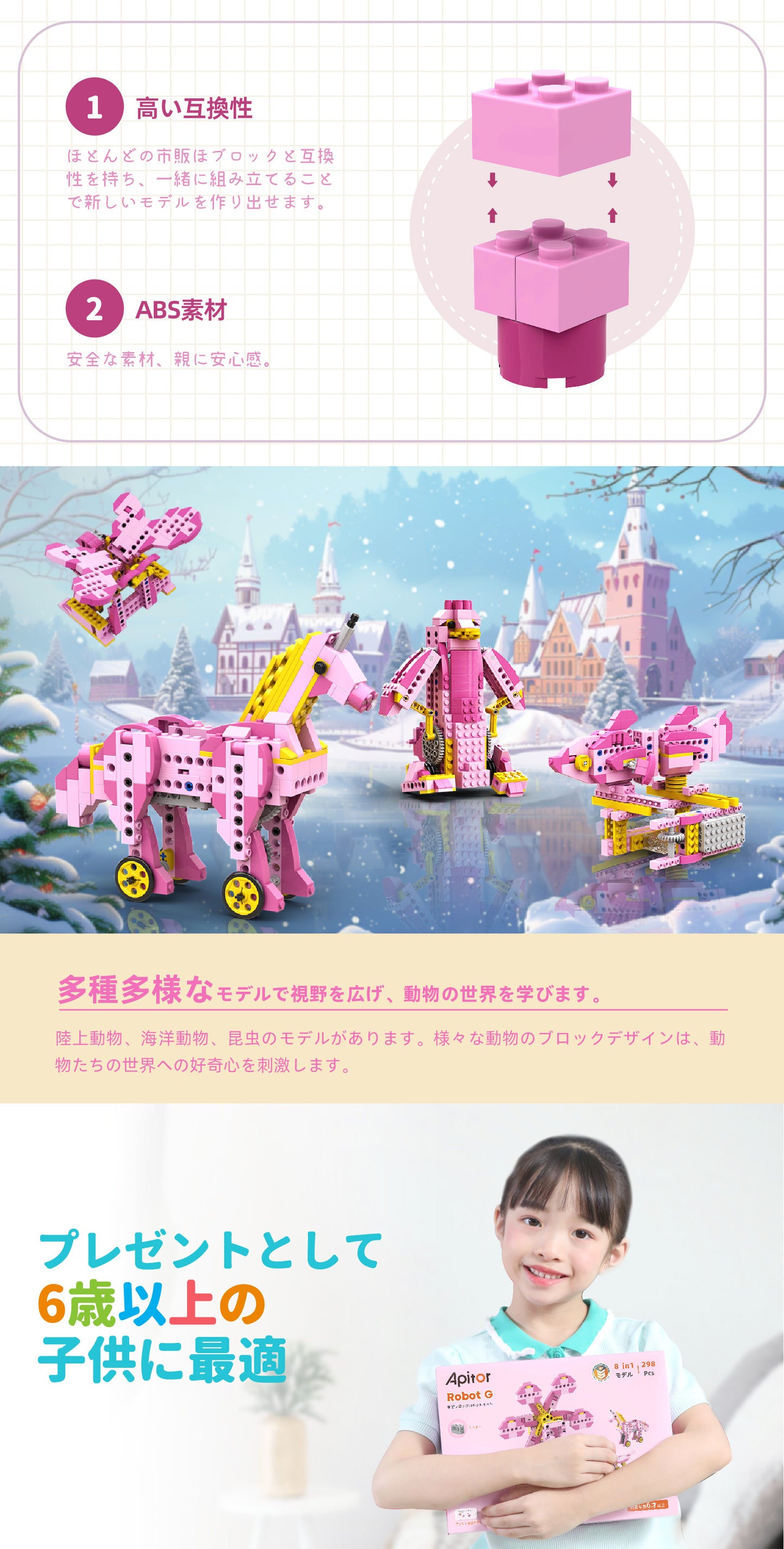 Apitor Robot G 8-in-1 レゴ 互換 モーター付きブロックセット 知育玩具 ブロックロボット ブロックおもちゃ 遊園地 STEM玩具 誕生日 子供の日 女の子 小学生 6歳+ 7歳+ 8歳+ 組み立て積み木 298ピースクリスマスプレゼント