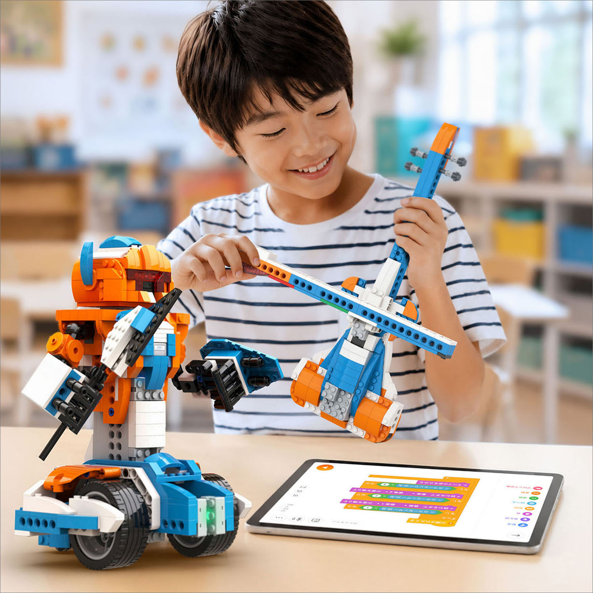 タブレットでScratch 3.0を使い、Apitor Robot Xをプログラミングする小学生。遊びながらロボットの動きを学べる8歳以上向けSTEM玩具。