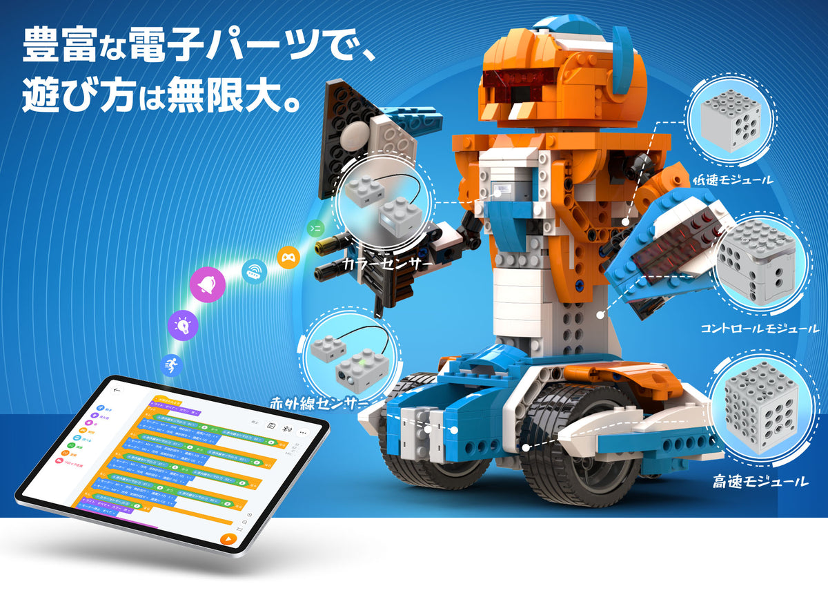 Apitor Robot Xの電子パーツ一覧。コントロールモジュール、モーター、距離センサー、カラーセンサーを搭載し、Scratch 3.0プログラミングでライントレースなど多彩な動きを実現。家庭での遊びや課外のプログラミング教室にも最適。